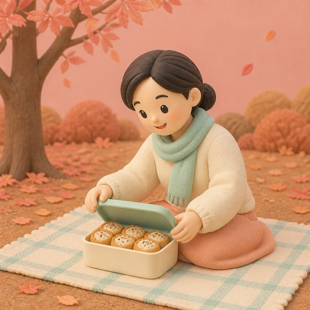 공원 돗자리 위에서 유부초밥 도시락을 여는 성글이