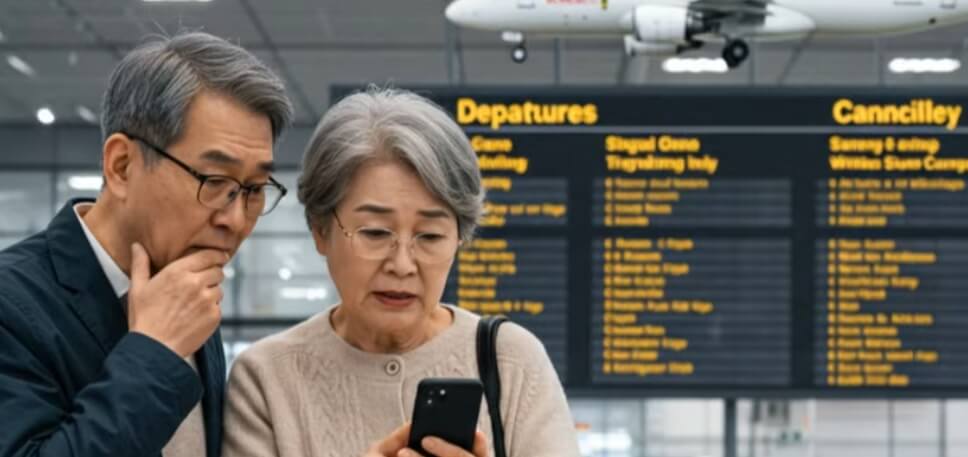 항공기 연착으로 곤란한 노부부
