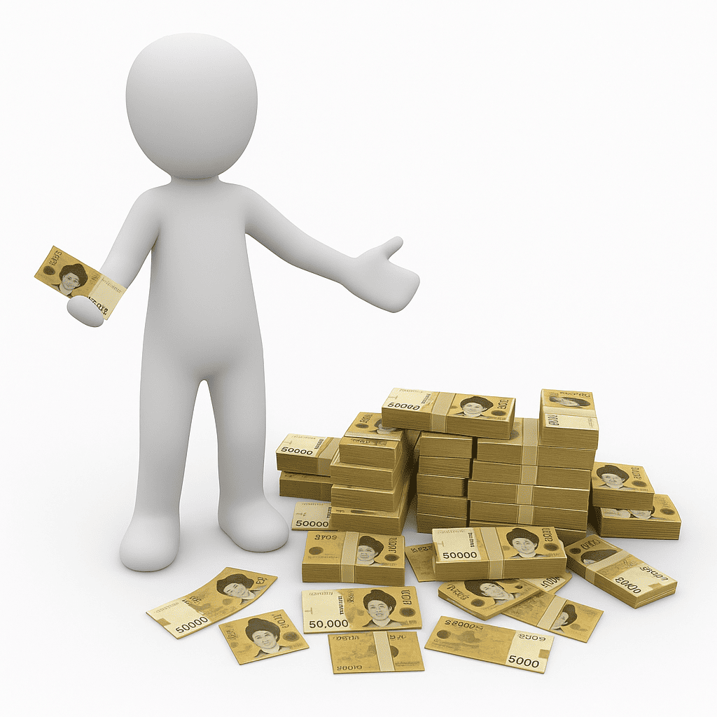 돈다발을 앞에두고 팔벌리고있는 남자