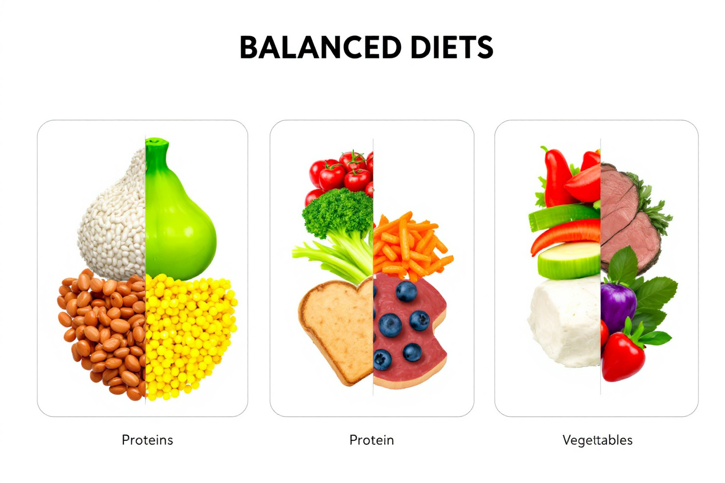 "탄수화물과 단백질의 균형 잡힌 식단 예시 3가지를 도식화한 이미지"