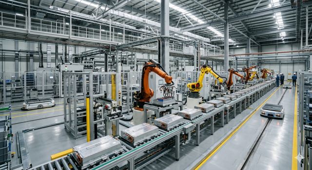 2차전지 배터리 생산라인에서 자동화 설비가 작동하는 모습