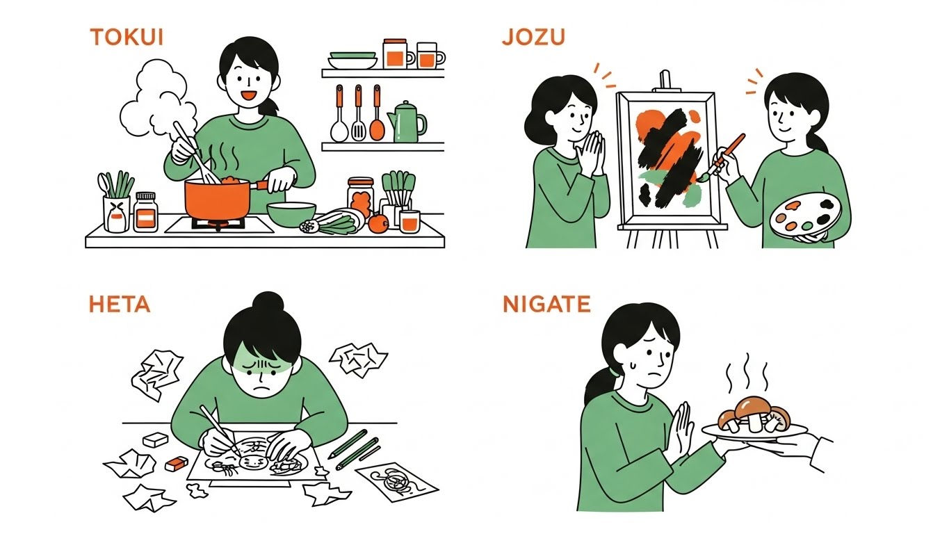A four-panel clean illustration showing different skill levels. 1. A person happily cooking (Tokui), 2. A person clapping for someone's painting (Jozu), 3. A person struggling with a messy drawing (Heta), 4. A person politely refusing a specific food with an awkward smile (Nigate). Minimalist style, green and orange color scheme.