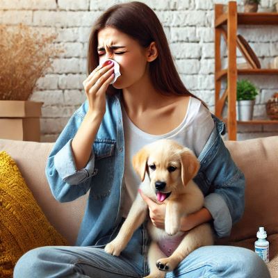 젊은 여성이 소파에 앉아서 강아지를 안고 재채기를 하고 있다.