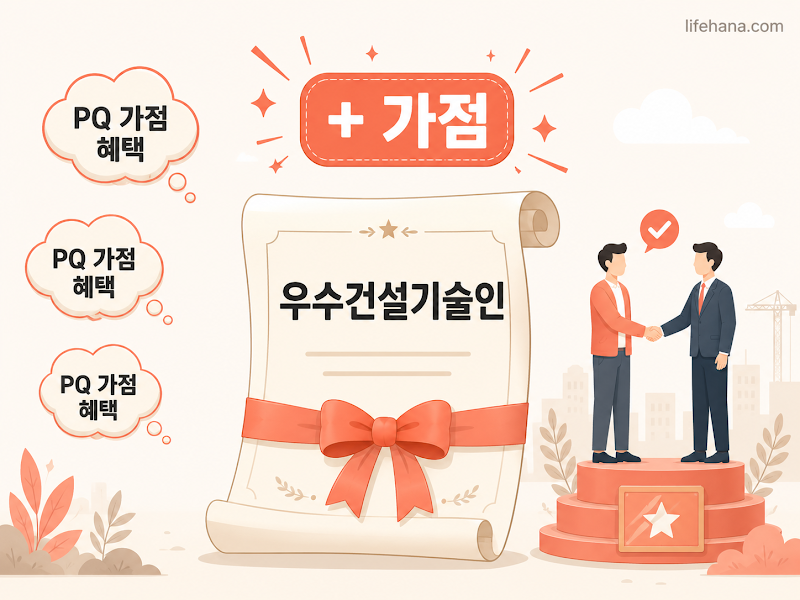 우수건설기술인 인증서를 들고 환하게 웃고 있는 감리원 캐릭터와 행동지침 카드