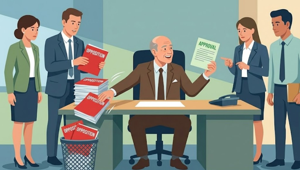 책상 위에 '반대'라고 적힌 수많은 빨간색 보고서들이 산더미처럼 쌓여 있지만, 팀장은 그것들을 전부 쓰레기통에 밀어버리고 오직 '찬성'이라고 적힌 종이 한 장만 손에 든 채 흡족한 표정을 짓고 있는 모습을 통해 확증 편향을 묘사