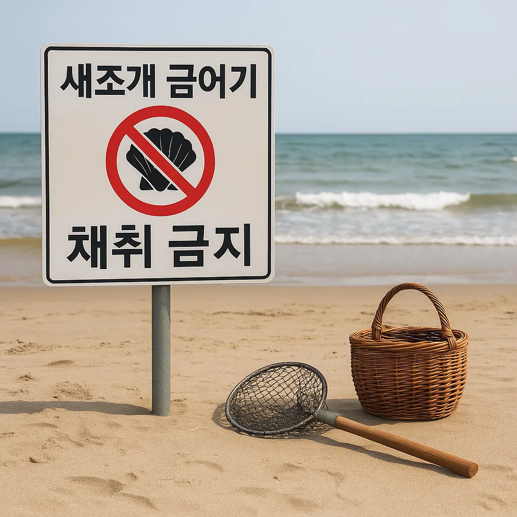 조개 금지 표지판 옆에 놓인 뜰채와 바구니