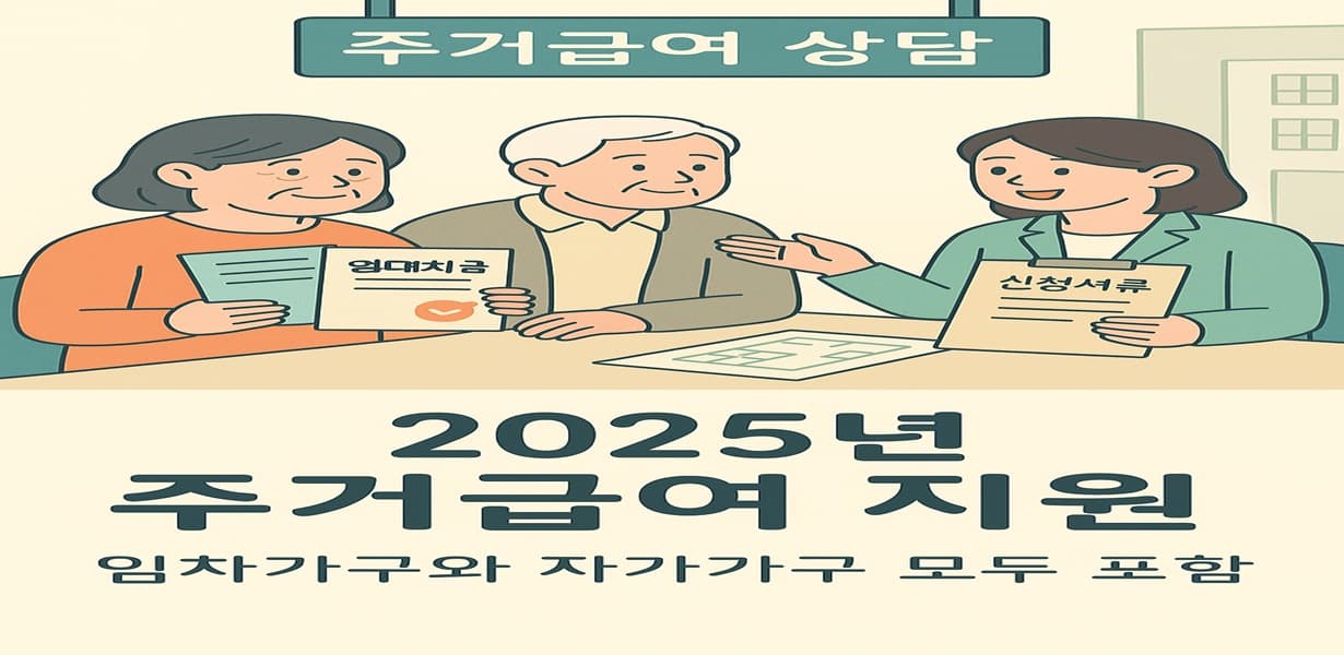 2025년 주거급여 지원 상담을 받고 있는 어르신 부부 – 임차가구와 자가가구 모두 포함 가능함을 표현한 일러스트