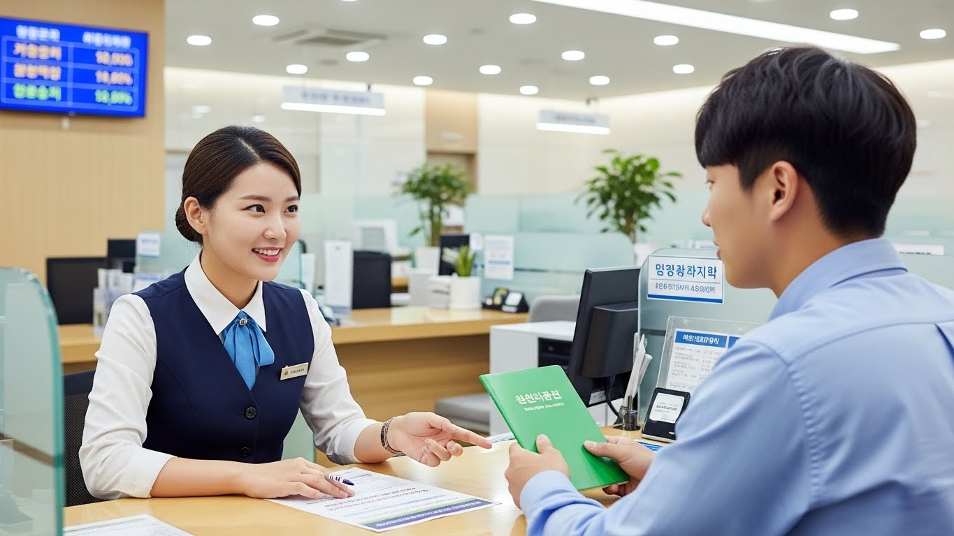 은행 창구에서 주택청약저축 소득공제 혜택에 대해 상담받는 한국 직장인
