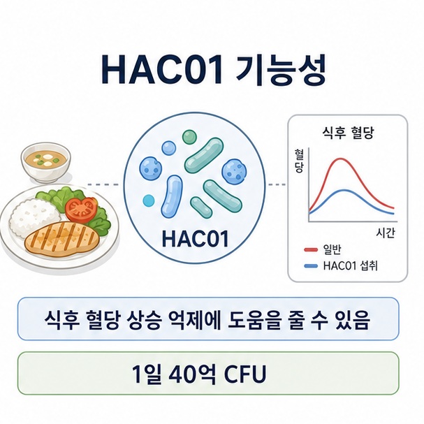HAC01의 식후 혈당 상승 억제 기능성과 하루 40억 CFU 섭취 기준을 식사와 혈당 그래프로 표현한 이미지