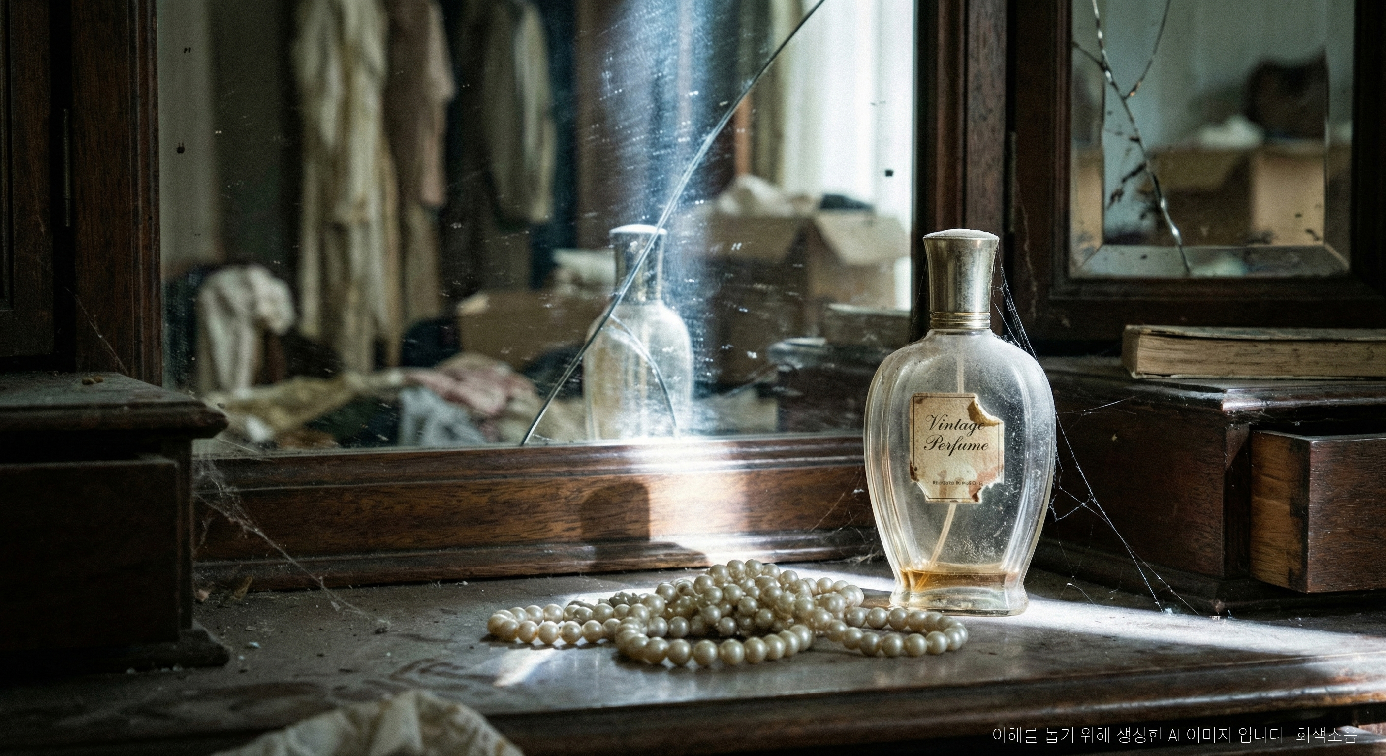금 간 거울과 향수병, 진주 목걸이가 놓인 빈티지 화장대 위로 차가운 빛줄기가 스치며 먼지와 균열이 드러나는 스틸라이프 사진.