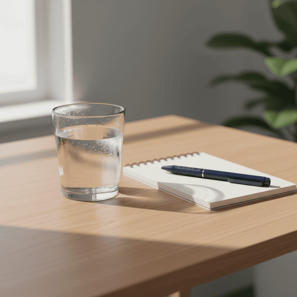 물컵과 노트를 놓고 하루 물 섭취를 기록하는 일상적인 장면