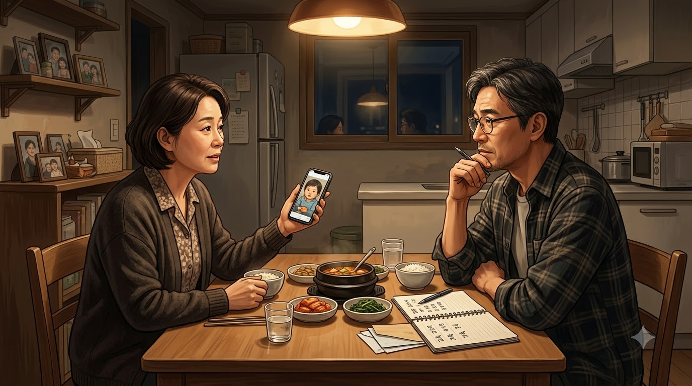 저녁 식탁에서 부부가 아이 사진을 보며 연금 계좌 이야기를 나누는 따뜻한 장면