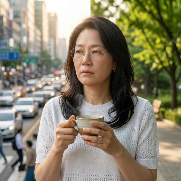 차를 마시며 깊은 고민에 빠진 중년 여성과 바쁜 도심 및 고요한 공원이 대조적으로 표현된 이미지