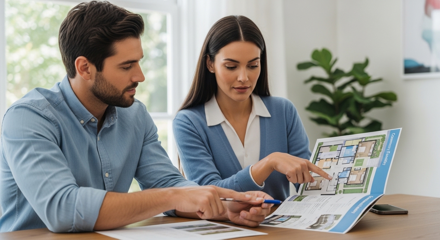 한 커플이 아파트 분양 모델하우스에서 커뮤니티 시설이 설명된 부분을 꼼꼼하게 살펴보며 상담받고 있다.