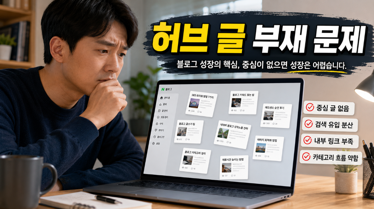 허브 글 없이 블로그 글이 흩어져 검색 유입이 분산되는 문제 상황 이미지