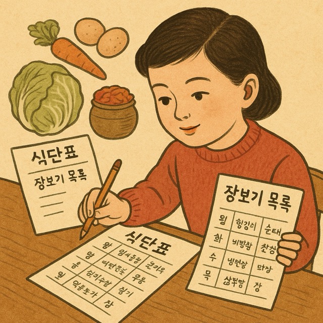 식단표를 보며 장보기 리스트를 작성하는 1인 가구 주인공