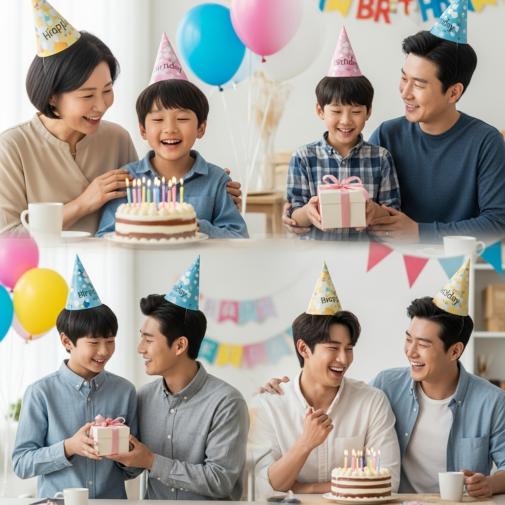 나이대별로 성장하는 아들의 생일을 축하하는 가족의 행복한 모습. 어린 시절부터 성인이 된 아들까지, 부모님의 사랑과 함께하는 기념일.