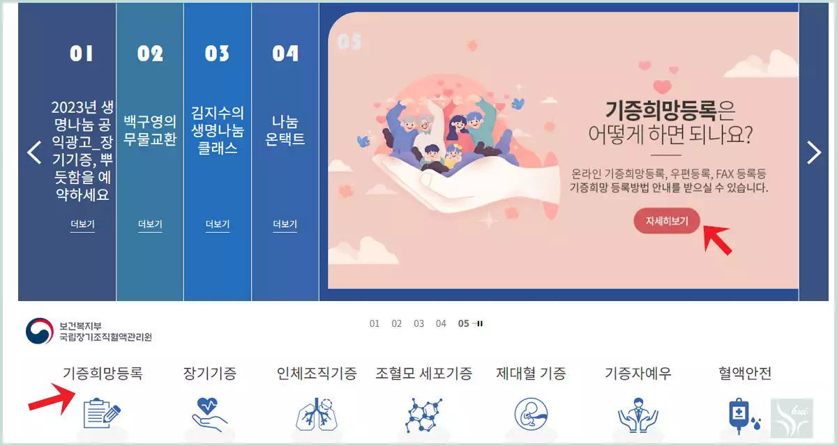 보건복지부 국립장기조직혈액관리원 홈페이지