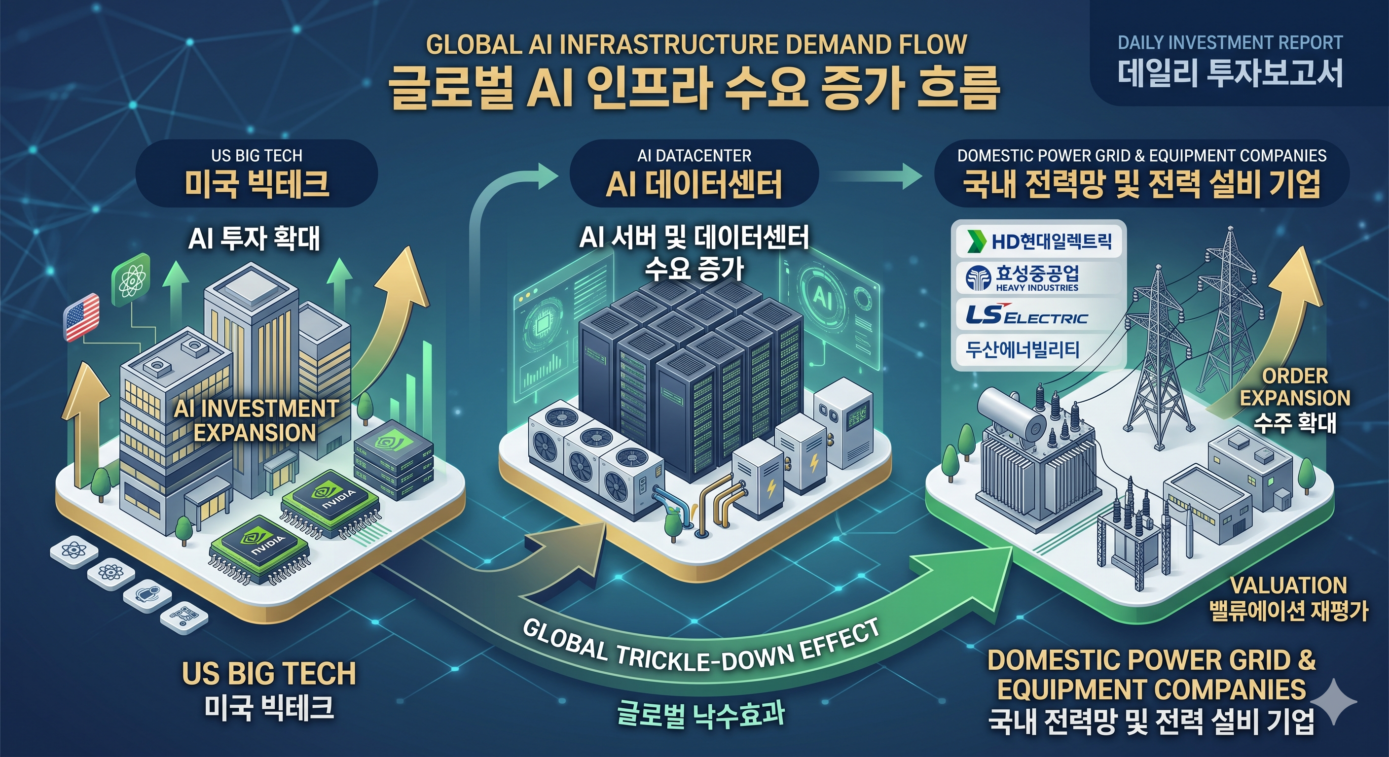 미국 대형 기술주부터 국내 전력망 기업까지 이어지는 AI 인프라 수요 증가 흐름을 보여주는 시각화 자료