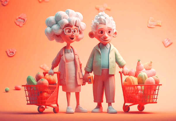 백발 머리의 노부부가 각각 카트에 야채를 가득 담고 서 있다. 안경을 모두 착용했다.