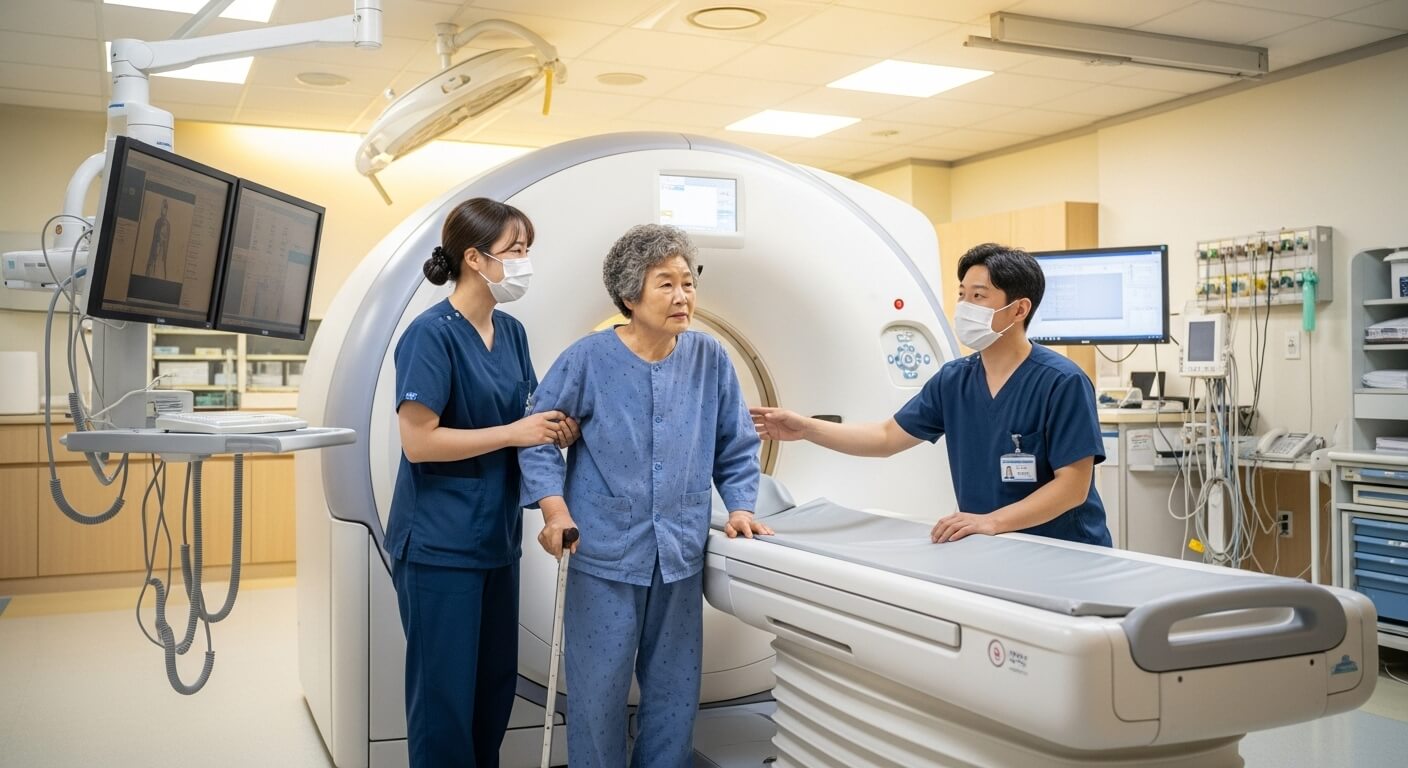 의료진이 노인 여성을 CT 검사 장비로 안내하는 장면