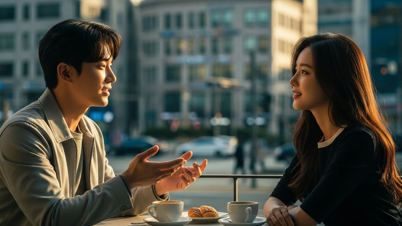 카페에서 부드러운 미소로 대화를 나누는 남녀 이미지