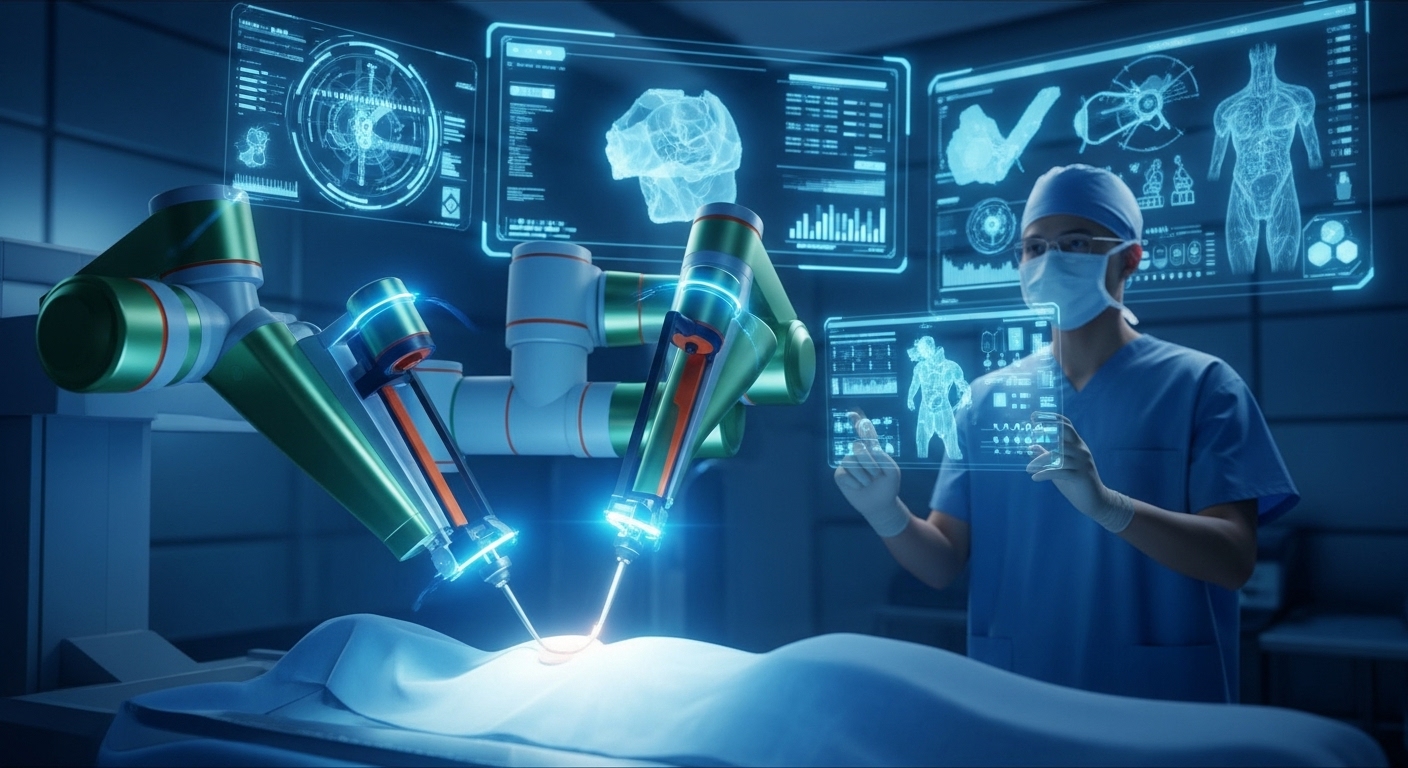 초정밀 AI 로봇 팔이 환자를 수술하고, 의사가 홀로그램 스크린을 보며 모니터링하는 미래 병원의 모습