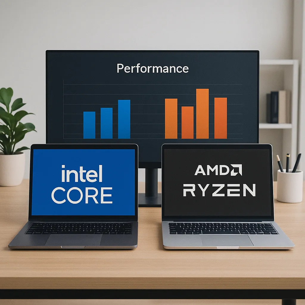 인텔과 AMD 노트북 성능 그래프가 모니터에 표시된 실내 책상 장면