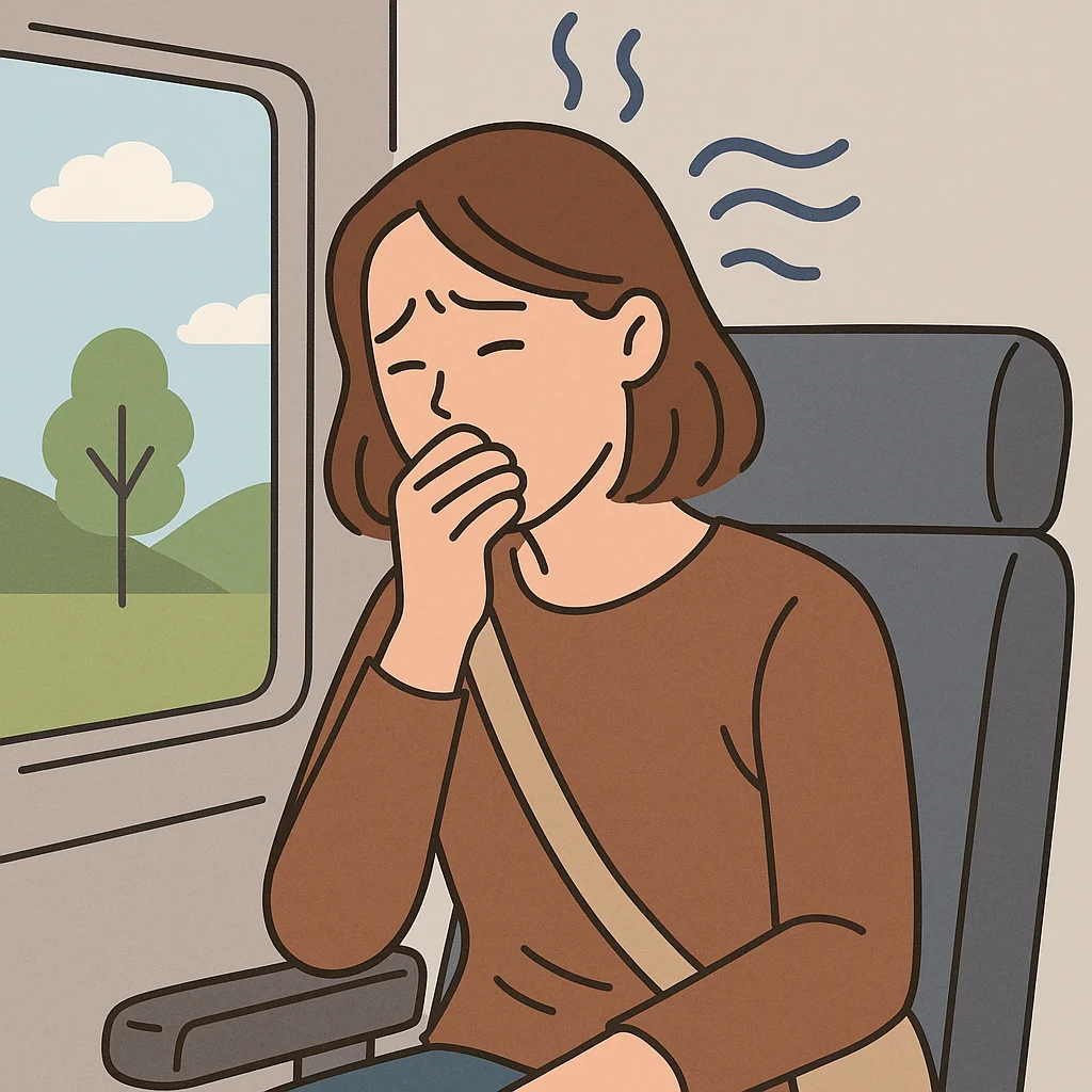 버스 안에서 멀미로 괴로워하는 여성이 창밖을 보며 입을 막고 있는 일러스트