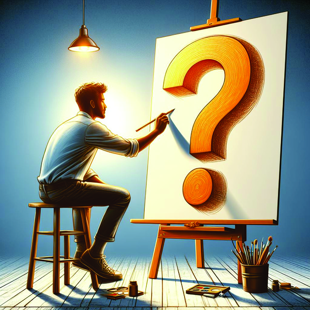 노란 물음표가 그려진 캔버스를 응시하는 남성. 유입이 없는 상황에서도 애드센스 승인에 대한 궁금증을 표현한 일러스트 이미지.