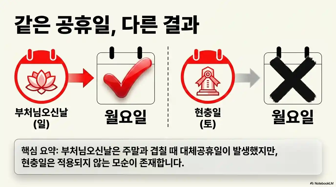 같은 공휴일 다른 결과 - 부처님오신날 일요일 월요일 대체공휴일 vs 현충일 토요일 미적용 인포그래픽