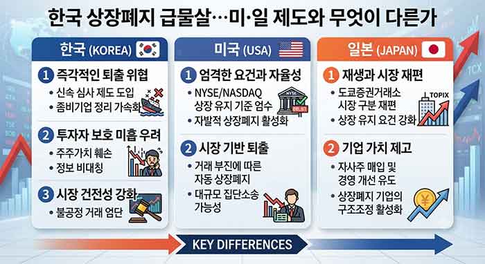 한국, 미국, 일본의 상장폐지 제도 비교 인포그래픽.