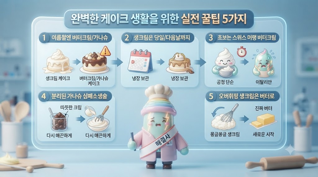 쫀쿠의 맛있는 이야기, 마지막 실전 꿀팁 편입니다! 입체적인 3D 쫀쿠가 '케이크 해결사'가 되어 집에서 케이크를 만들거나 고를 때 꼭 알아야 할 다섯 가지 핵심 노하우를 명쾌하게 정리해줍니다. 여름철 안전한 크림 선택법부터, 생크림의 유통기한 경고, 초보자를 위한 버터크림 추천, 그리고 가나슈와 생크림 심폐소생술까지 &mdash; 실패 없이 완벽한 디저트를 완성하는 마법 같은 팁을 확인해보세요.