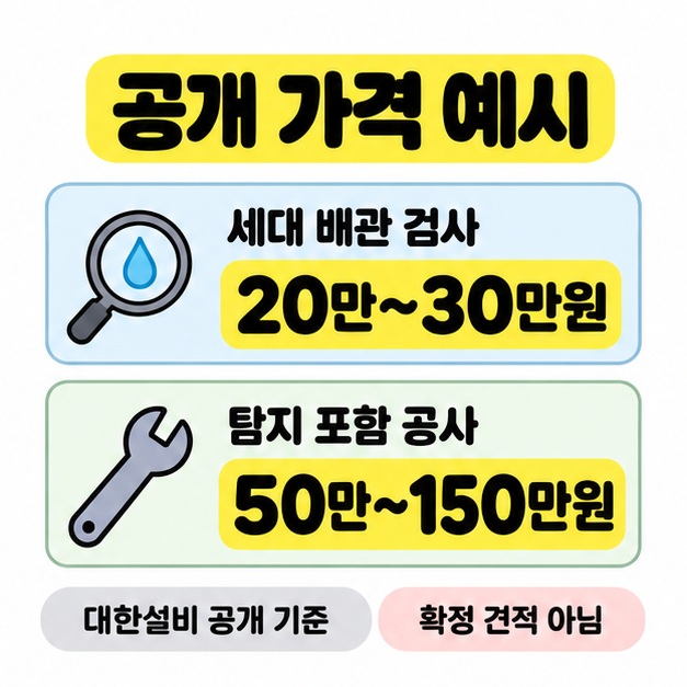 세대 배관 검사 20만~30만원과 탐지 포함 공사 50만~150만원을 비교하고 대한설비 공개 기준이며 확정 견적이 아님을 명시한 이미지