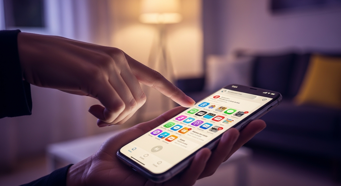 스마트폰 알림을 끄고 디지털 디톡스를 시작하는 손, 차분한 보라색과 노란색 톤의 현대적인 그림.