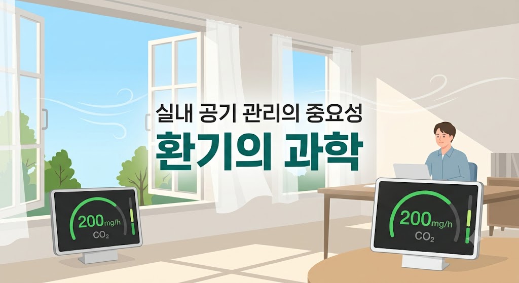 열린 창문으로 바람이 들어오는 밝은 방에서 사람이 컴퓨터로 작업 중이고, 실내 공기 관리와 환기의 과학이라는 글자와 CO2 농도 측정기가 배치된 일러스