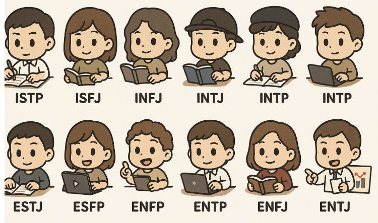 MBTI별 캐릭터들이 각자 공부하는 모습을 그린 그림