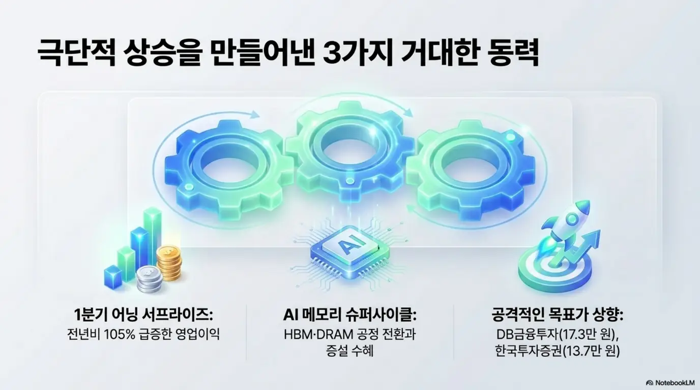 유진테크 주가 급등을 만든 세 가지 동력을 톱니바퀴로 표현한 이미지. 1분기 영업이익 105% 급증, AI 메모리 슈퍼사이클에 따른 HBM·DRAM 증설 수혜, 증권사 목표가 상향(DB금융투자 17.3만 원·한국투자증권 13.7만 원)을 정리하며, 블로그의 유진테크 급등 원인 분석과 관련된 내용을 설명함