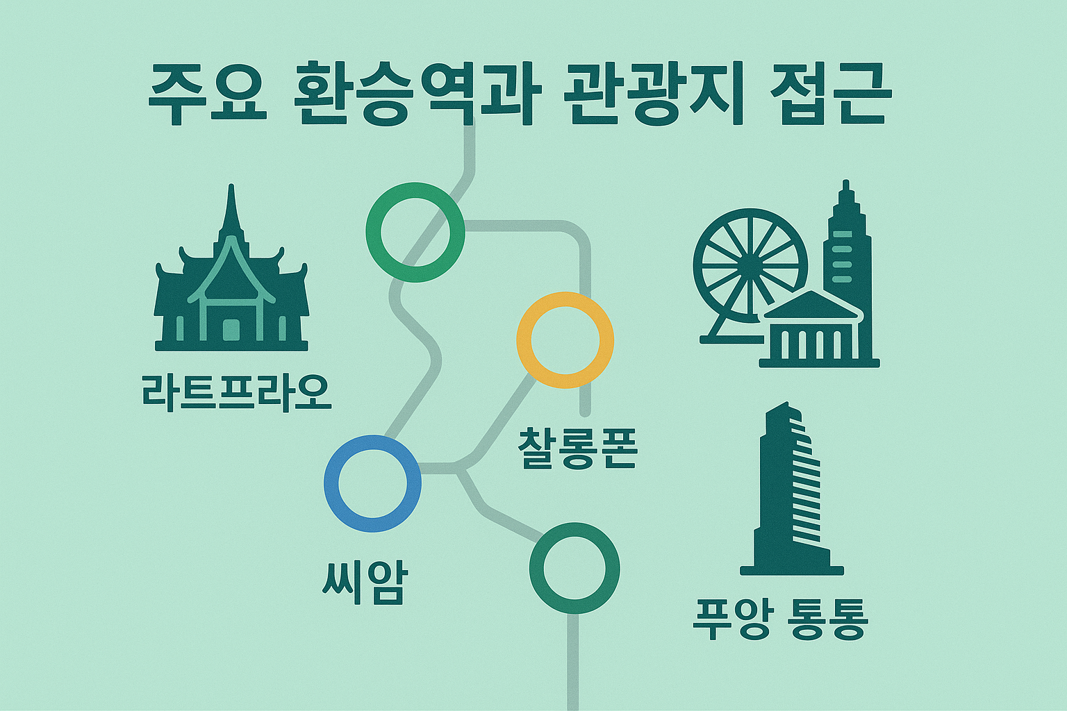 씨암, 찰롱폰, 라트프라오 등 MRT, 모노레일 주요 환승역과 주변 관광지를 연결한 시각적 안내 인포그래픽입니다.