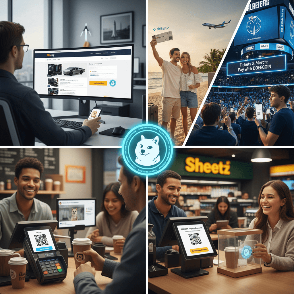 도지코인으로 쇼핑, 여행, 이벤트 티켓, 매장 결제, 커피 구매를 하는 사람들의 콜라주