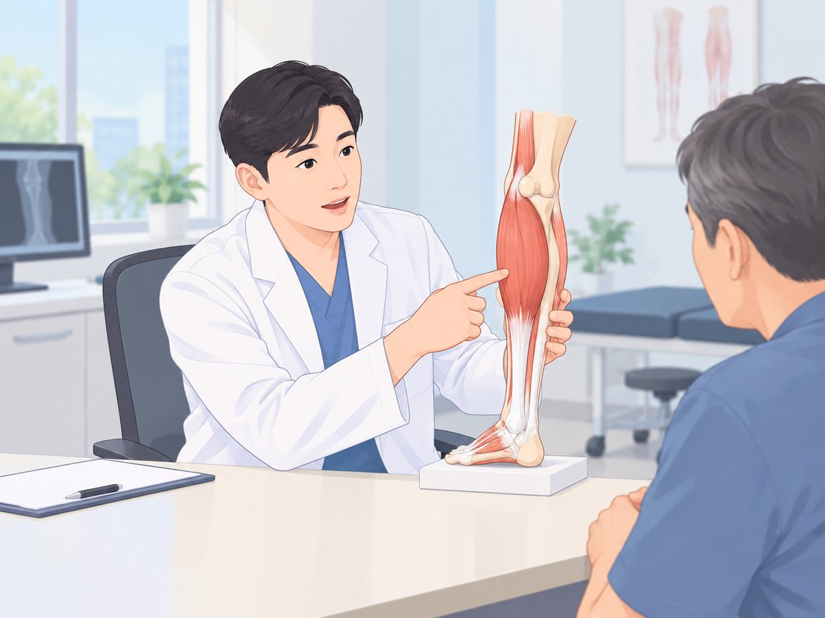 진료실에서 의사가 종아리 근육 모형을 가리키며 환자에게 종아리 통증을 설명하는 장면