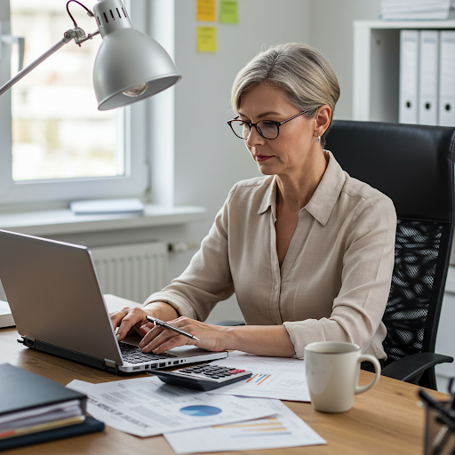 서류와 계산기를 보며 노트북으로 작업하는 여성