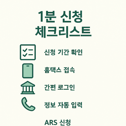 자녀장려금 간편 신청을 위한 체크리스트로 신청 기간 확인, 홈택스 접속, 간편 로그인, 정보 자동 입력, ARS 신청 등 빠른 신청 절차를 설명하는 이미지입니다.