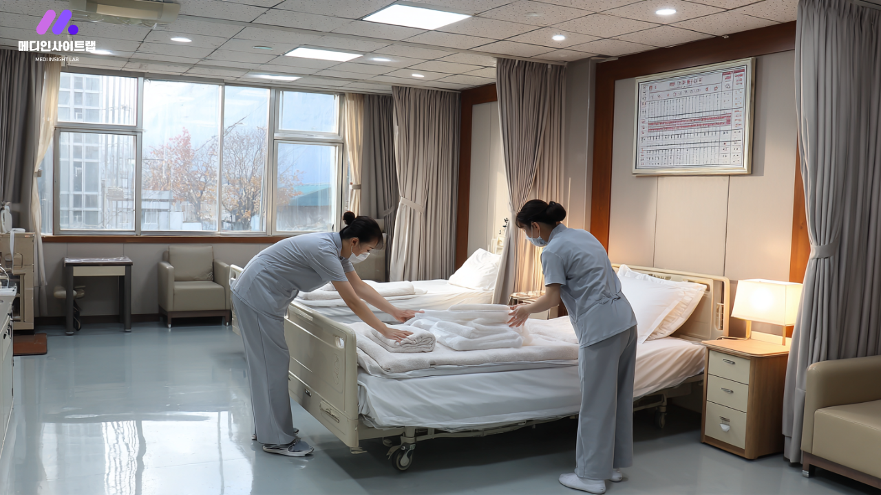 침상목욕과 체위변경 처치가 동시에 시행되며 건강보험 중복 청구 문제를 설명하는 의료 이미지