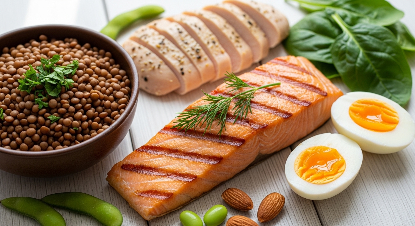 신선한 연어 스테이크, 삶은 계란, 렌틸콩 샐러드, 닭가슴살 등 알부민이 풍부한 단백질 식품들이 건강하게 담긴 모습.