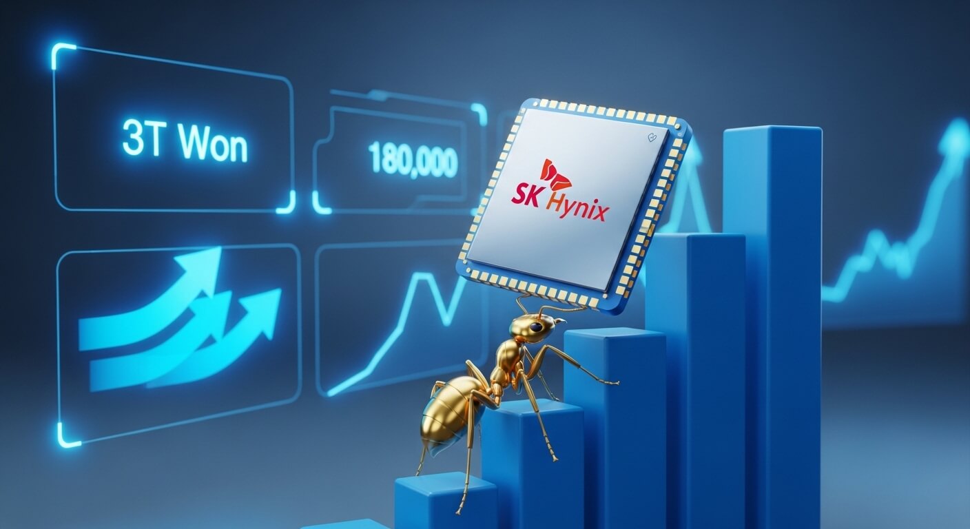 개미가 sk hynix 반도체를 들고 올라가고 있고 뒤에는 3T WON 이 써져있다