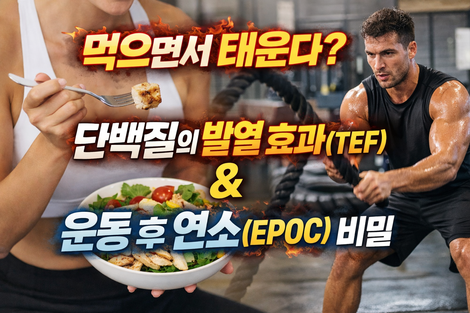 단백질 식사를 하는 여성과 고강도 운동 중인 남성을 대비해 TEF와 EPOC 효과를 설명하는 다이어트 정보 이미지