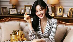 많은 돈을 들고 웃고 있는 여성