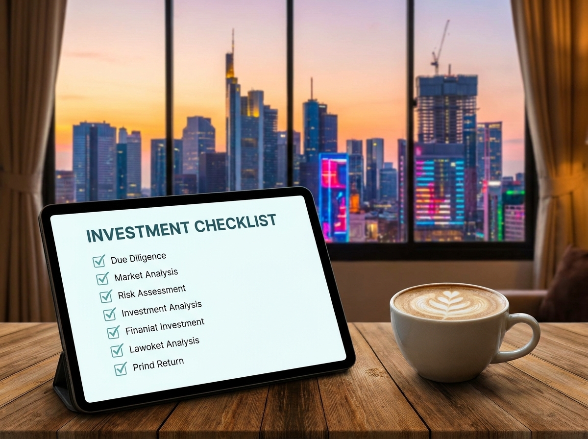태블릿 PC에 정리된 깔끔한 투자 체크리스트와 그 옆에 놓인 커피 한 잔