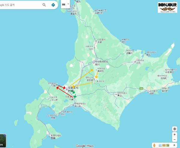 홋카이도의 지도, 여행 루트 화살표 표기